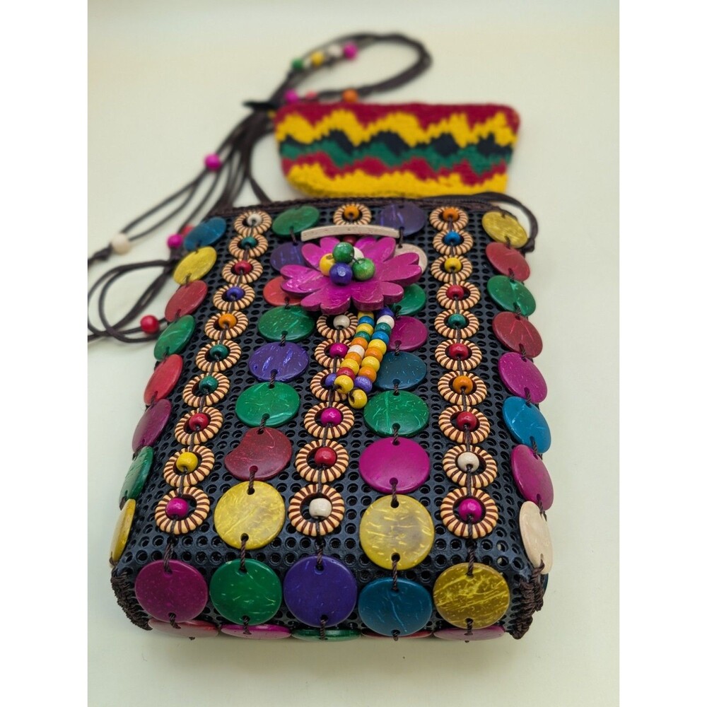 Vintage Jamaica Coconut Shell Purse Crossbody Bag Boho Hippie Rasta Coin...